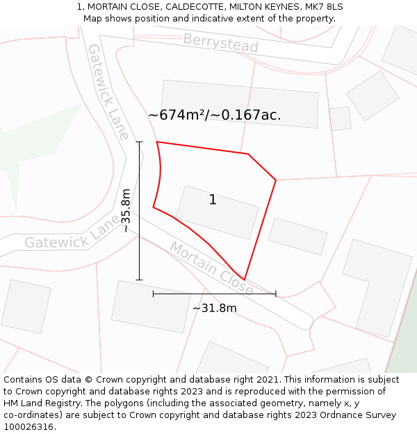 1, MORTAIN CLOSE, CALDECOTTE, MILTON KEYNES, MK7 8LS: Plot and title map