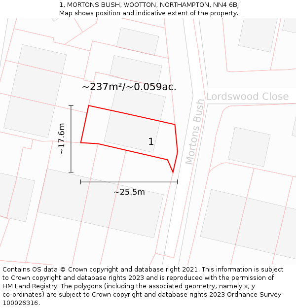 1, MORTONS BUSH, WOOTTON, NORTHAMPTON, NN4 6BJ: Plot and title map