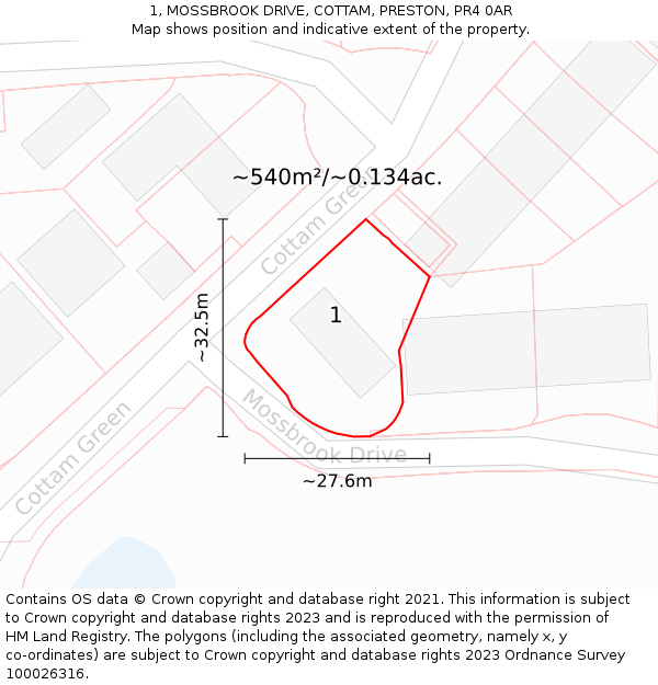 1, MOSSBROOK DRIVE, COTTAM, PRESTON, PR4 0AR: Plot and title map