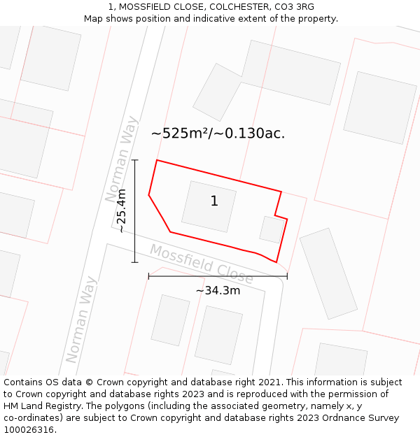 1, MOSSFIELD CLOSE, COLCHESTER, CO3 3RG: Plot and title map