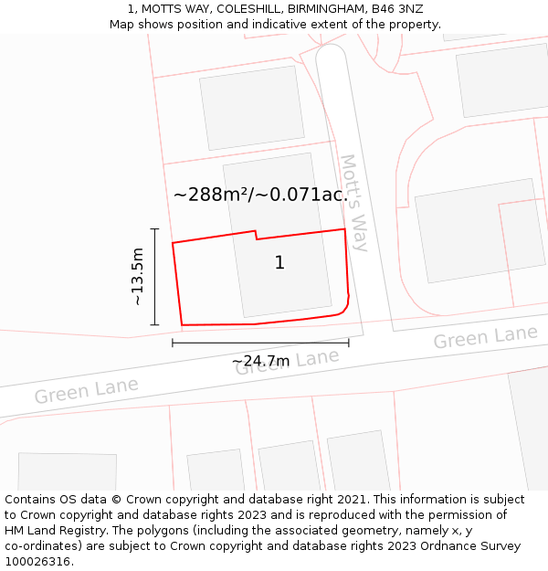 1, MOTTS WAY, COLESHILL, BIRMINGHAM, B46 3NZ: Plot and title map