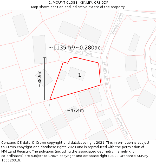 1, MOUNT CLOSE, KENLEY, CR8 5DP: Plot and title map