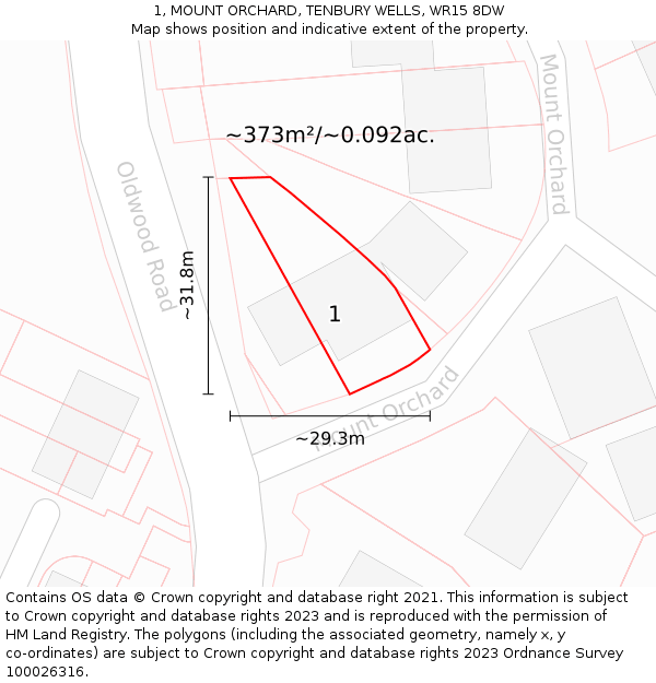 1, MOUNT ORCHARD, TENBURY WELLS, WR15 8DW: Plot and title map