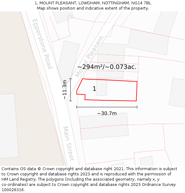 1, MOUNT PLEASANT, LOWDHAM, NOTTINGHAM, NG14 7BL: Plot and title map