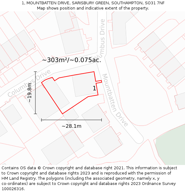 1, MOUNTBATTEN DRIVE, SARISBURY GREEN, SOUTHAMPTON, SO31 7NF: Plot and title map