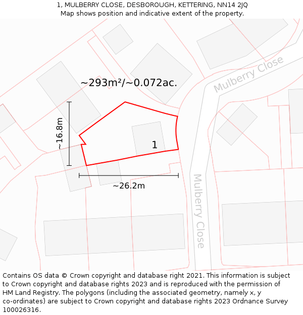 1, MULBERRY CLOSE, DESBOROUGH, KETTERING, NN14 2JQ: Plot and title map