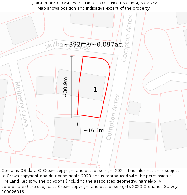 1, MULBERRY CLOSE, WEST BRIDGFORD, NOTTINGHAM, NG2 7SS: Plot and title map