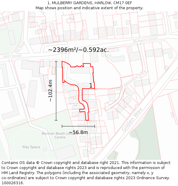 1, MULBERRY GARDENS, HARLOW, CM17 0EF: Plot and title map