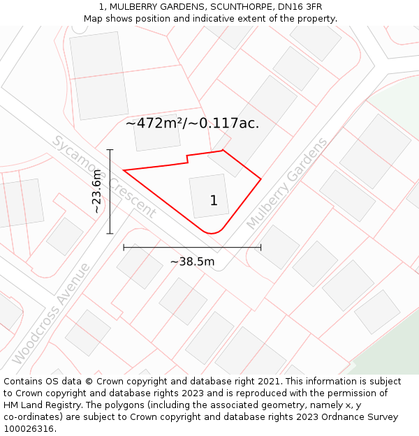 1, MULBERRY GARDENS, SCUNTHORPE, DN16 3FR: Plot and title map