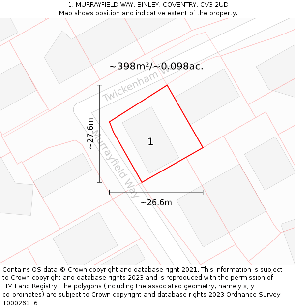 1, MURRAYFIELD WAY, BINLEY, COVENTRY, CV3 2UD: Plot and title map