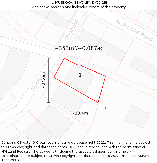 1, MUSKOKA, BEWDLEY, DY12 2BJ: Plot and title map