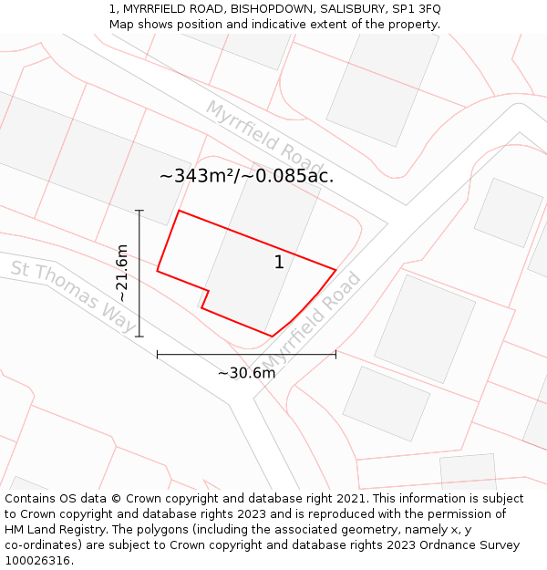1, MYRRFIELD ROAD, BISHOPDOWN, SALISBURY, SP1 3FQ: Plot and title map