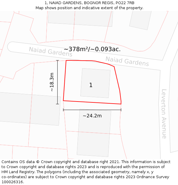 1, NAIAD GARDENS, BOGNOR REGIS, PO22 7RB: Plot and title map