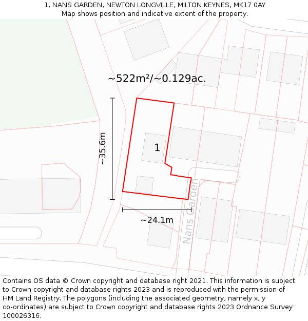 1, NANS GARDEN, NEWTON LONGVILLE, MILTON KEYNES, MK17 0AY: Plot and title map