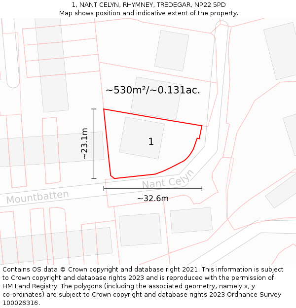 1, NANT CELYN, RHYMNEY, TREDEGAR, NP22 5PD: Plot and title map