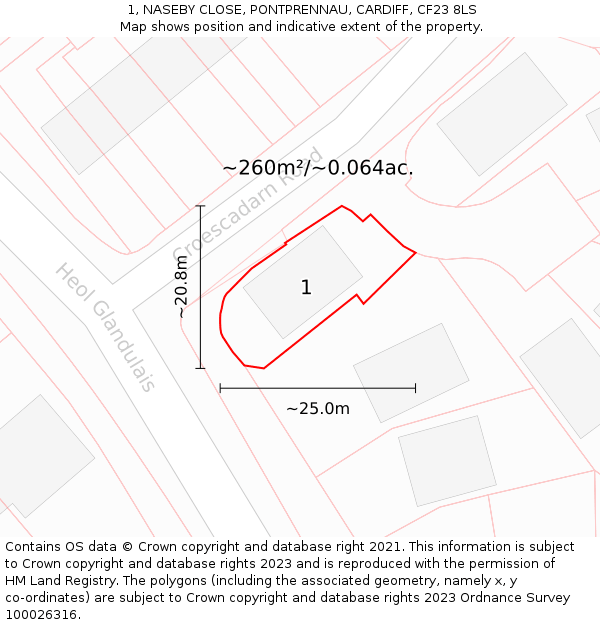 1, NASEBY CLOSE, PONTPRENNAU, CARDIFF, CF23 8LS: Plot and title map