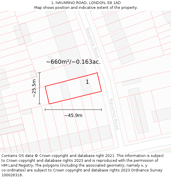 1, NAVARINO ROAD, LONDON, E8 1AD: Plot and title map