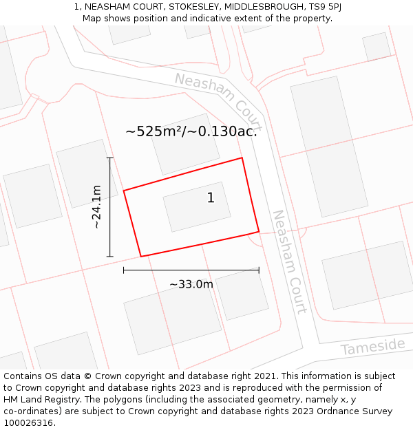 1, NEASHAM COURT, STOKESLEY, MIDDLESBROUGH, TS9 5PJ: Plot and title map