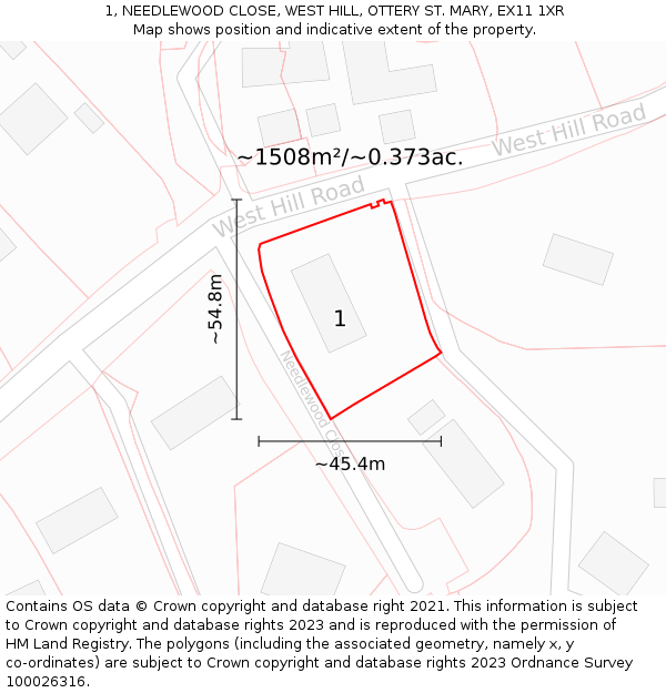 1, NEEDLEWOOD CLOSE, WEST HILL, OTTERY ST. MARY, EX11 1XR: Plot and title map