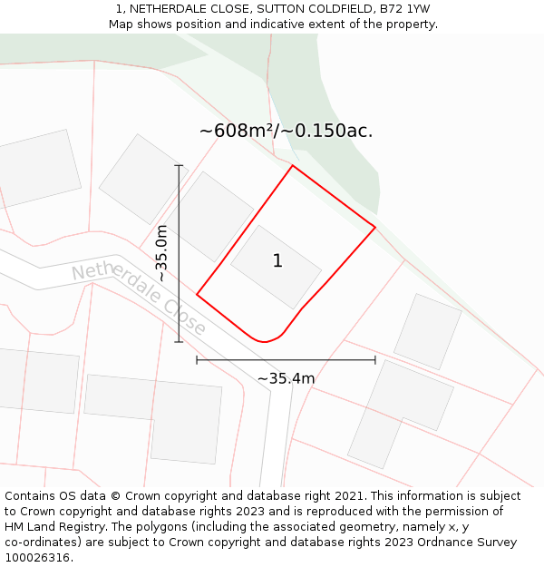 1, NETHERDALE CLOSE, SUTTON COLDFIELD, B72 1YW: Plot and title map