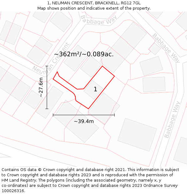 1, NEUMAN CRESCENT, BRACKNELL, RG12 7GL: Plot and title map