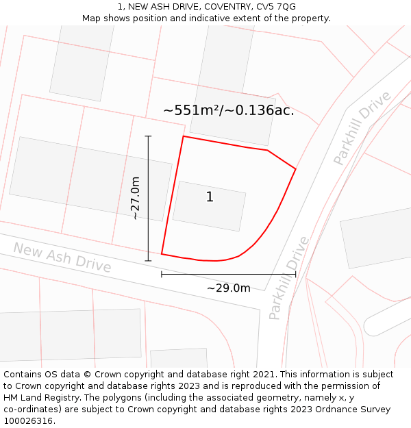 1, NEW ASH DRIVE, COVENTRY, CV5 7QG: Plot and title map