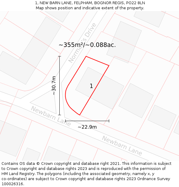 1, NEW BARN LANE, FELPHAM, BOGNOR REGIS, PO22 8LN: Plot and title map