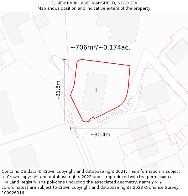 1, NEW PARK LANE, MANSFIELD, NG18 2FA: Plot and title map