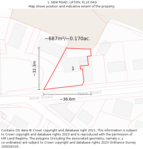 1, NEW ROAD, LIFTON, PL16 0AG: Plot and title map