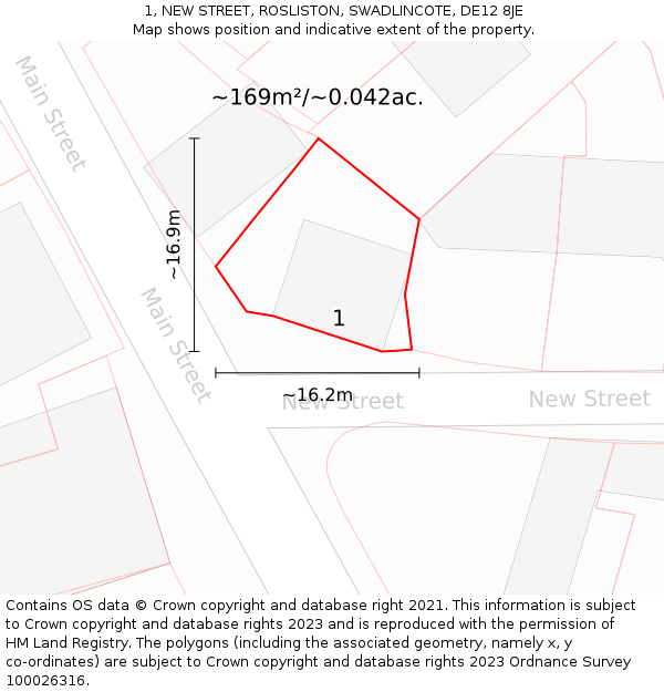 1, NEW STREET, ROSLISTON, SWADLINCOTE, DE12 8JE: Plot and title map