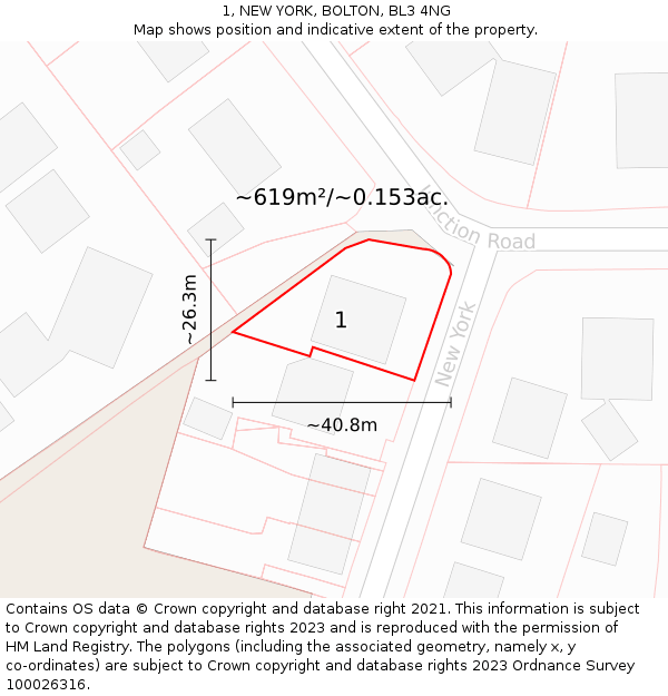 1, NEW YORK, BOLTON, BL3 4NG: Plot and title map