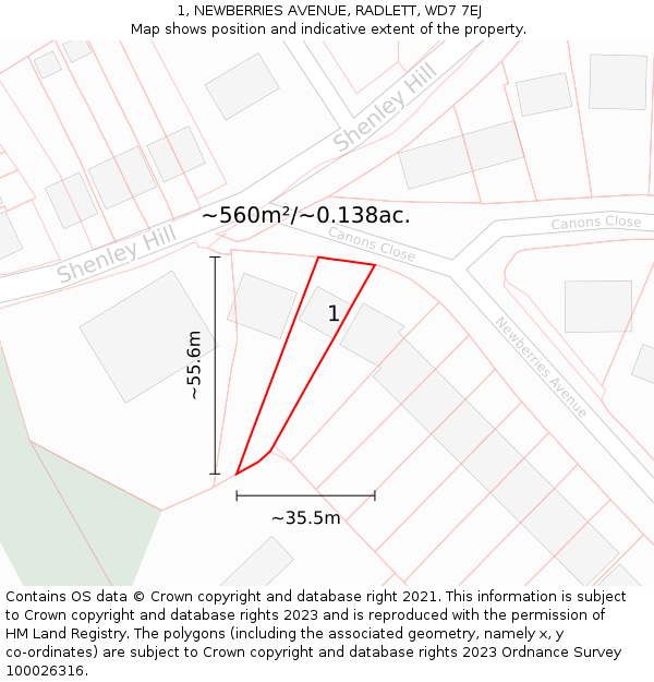 1, NEWBERRIES AVENUE, RADLETT, WD7 7EJ: Plot and title map