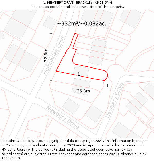 1, NEWBERY DRIVE, BRACKLEY, NN13 6NN: Plot and title map