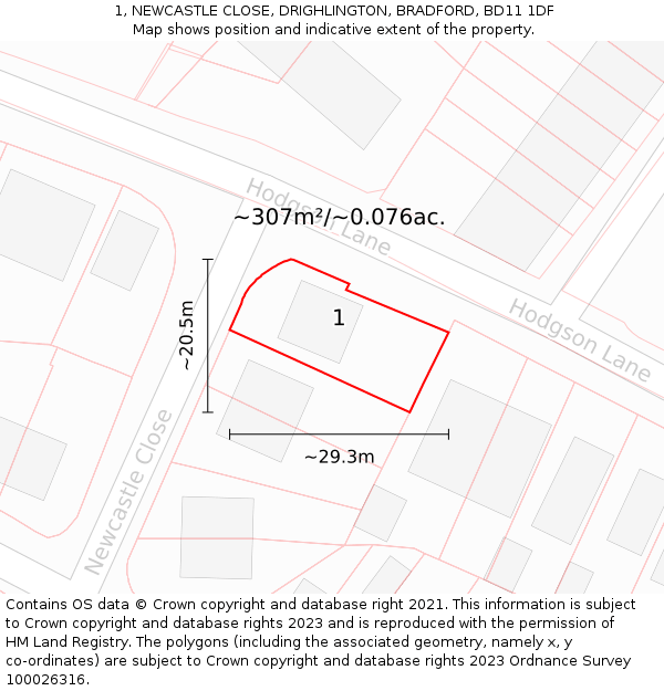 1, NEWCASTLE CLOSE, DRIGHLINGTON, BRADFORD, BD11 1DF: Plot and title map