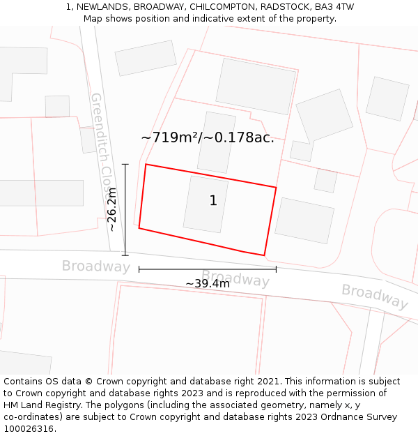 1, NEWLANDS, BROADWAY, CHILCOMPTON, RADSTOCK, BA3 4TW: Plot and title map