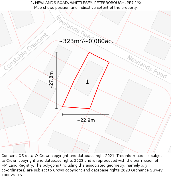 1, NEWLANDS ROAD, WHITTLESEY, PETERBOROUGH, PE7 1YX: Plot and title map