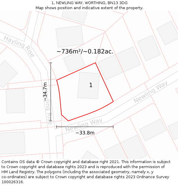 1, NEWLING WAY, WORTHING, BN13 3DG: Plot and title map