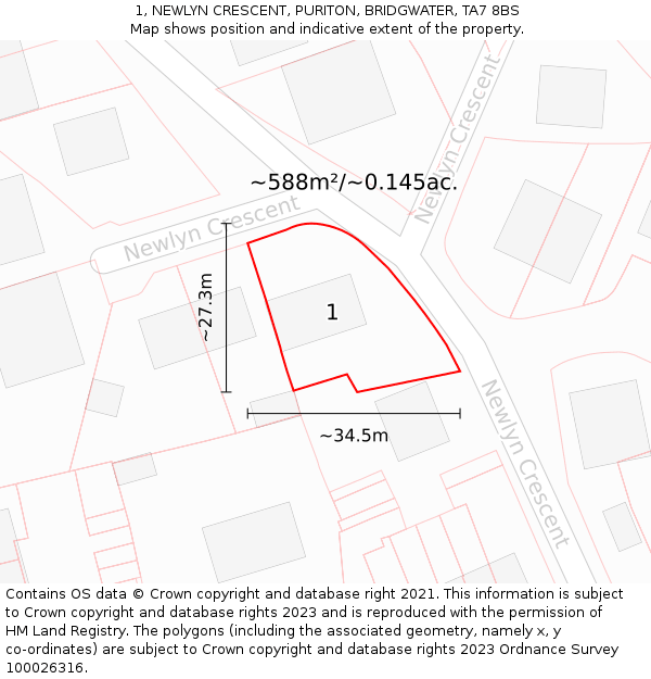 1, NEWLYN CRESCENT, PURITON, BRIDGWATER, TA7 8BS: Plot and title map