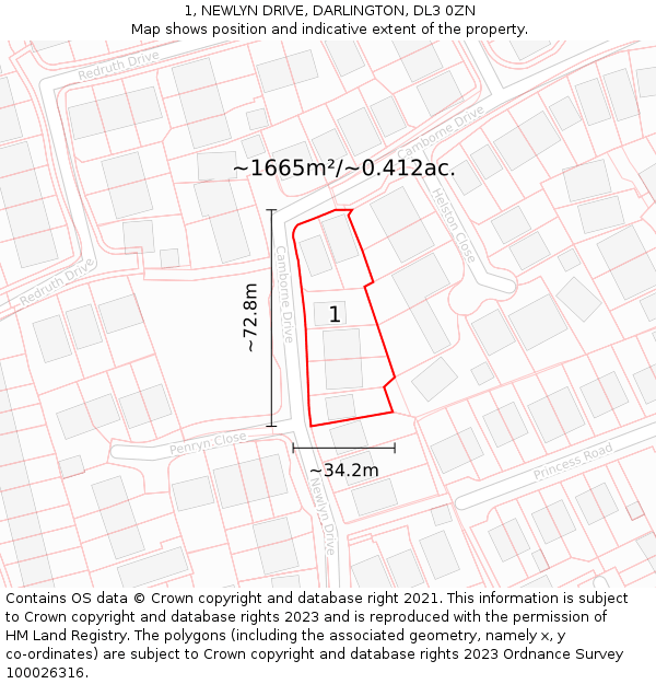 1, NEWLYN DRIVE, DARLINGTON, DL3 0ZN: Plot and title map