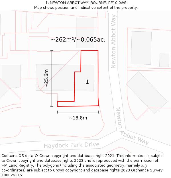 1, NEWTON ABBOT WAY, BOURNE, PE10 0WS: Plot and title map