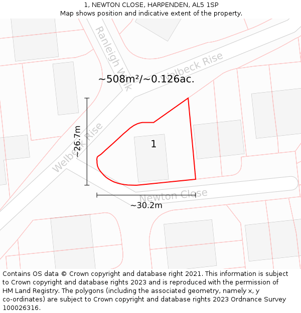 1, NEWTON CLOSE, HARPENDEN, AL5 1SP: Plot and title map