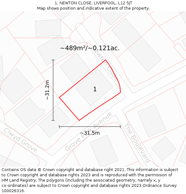 1, NEWTON CLOSE, LIVERPOOL, L12 5JT: Plot and title map