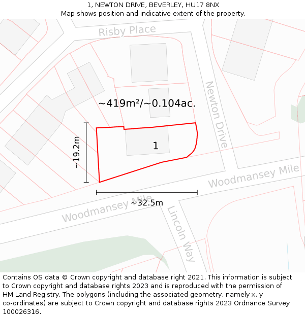 1, NEWTON DRIVE, BEVERLEY, HU17 8NX: Plot and title map