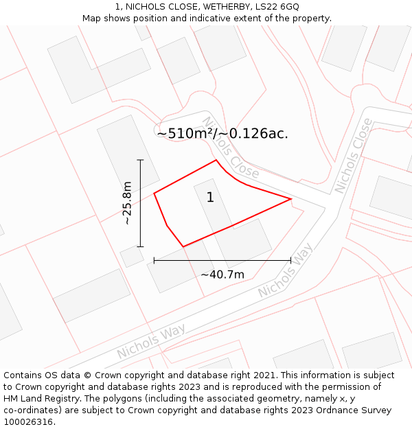 1, NICHOLS CLOSE, WETHERBY, LS22 6GQ: Plot and title map