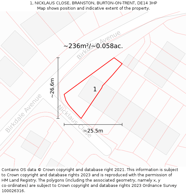 1, NICKLAUS CLOSE, BRANSTON, BURTON-ON-TRENT, DE14 3HP: Plot and title map
