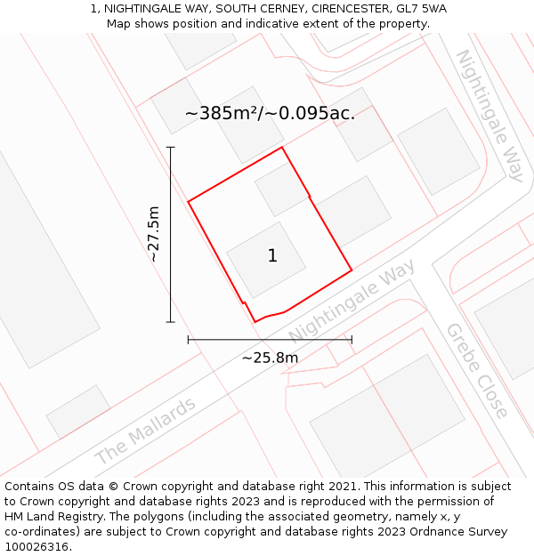 1, NIGHTINGALE WAY, SOUTH CERNEY, CIRENCESTER, GL7 5WA: Plot and title map