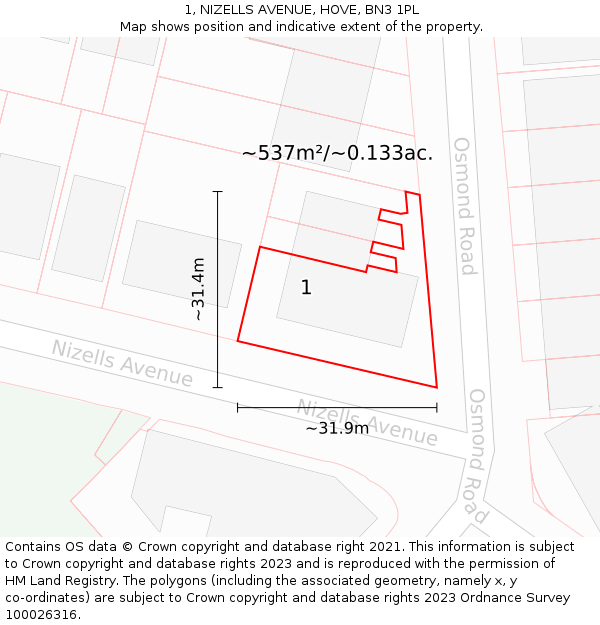 1, NIZELLS AVENUE, HOVE, BN3 1PL: Plot and title map