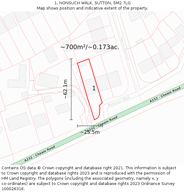 1, NONSUCH WALK, SUTTON, SM2 7LG: Plot and title map