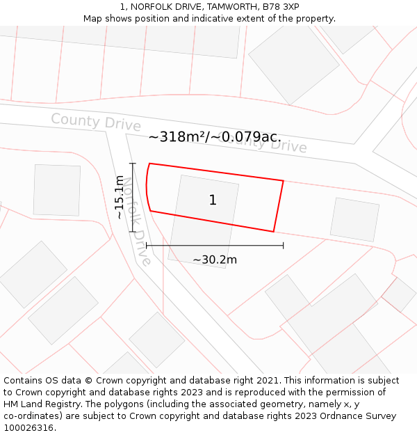 1, NORFOLK DRIVE, TAMWORTH, B78 3XP: Plot and title map