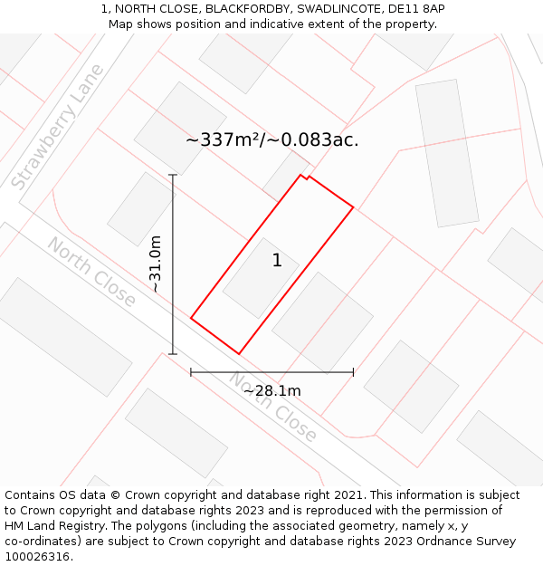 1, NORTH CLOSE, BLACKFORDBY, SWADLINCOTE, DE11 8AP: Plot and title map